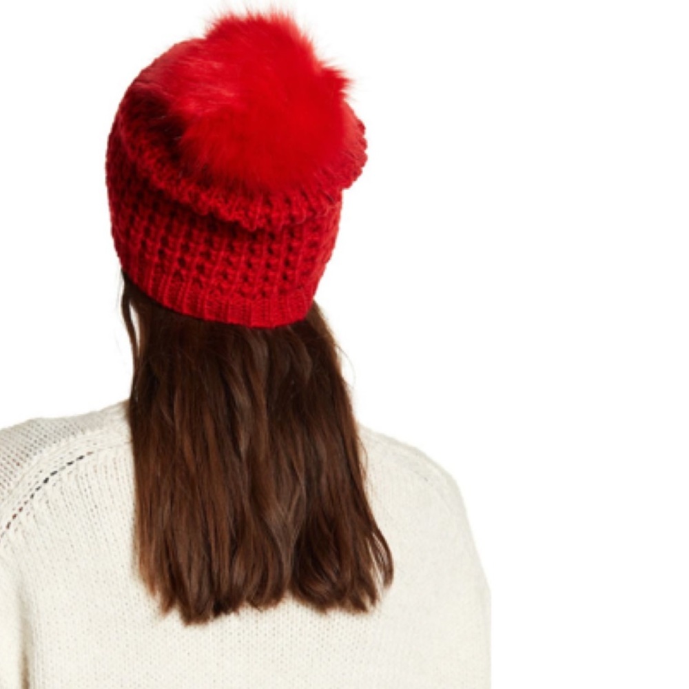 KYI KYI Classic Wool Blend Faux Fur Pom Pom Knit Sweater Beanie Hat, Red, O/S - Picture 2 of 3